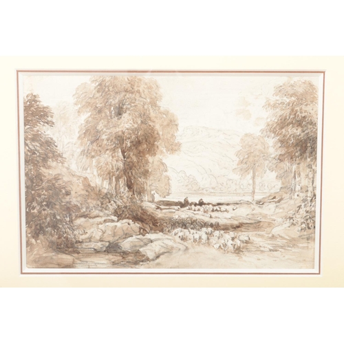 95 - David Cox (1783-1859), a gilt framed watercolour and charcoal drawing, Welsh landscape scene with sh... 