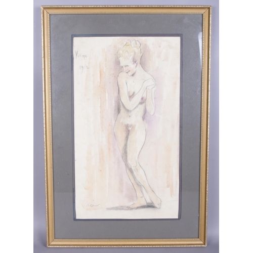 379 - After Roderic O'Conor (1860-1940), a framed pencil and watercolour sketch portrait of a nude woman, ... 