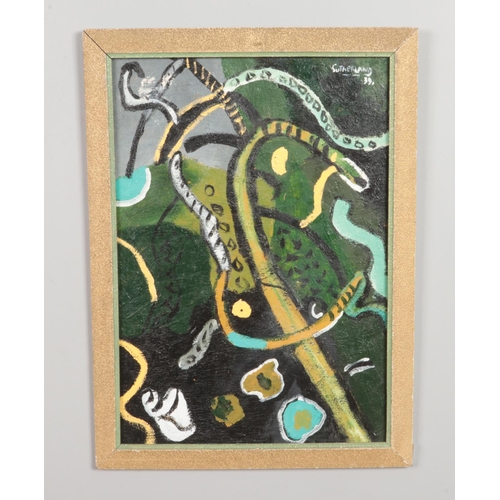 381 - A framed abstract oil on board, signed Sutherland and dated 1939. 49cm x 34cm.