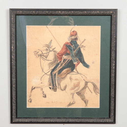 383 - In the style of James Ensor, a framed watercolour, masked figure on horseback. 36cm x 32cm.