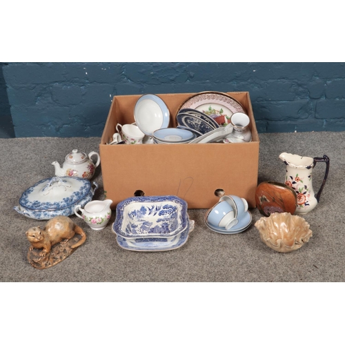 268 - A large box of assorted ceramics, to include examples from Coalport, Colclough, Doulton and Willow b... 