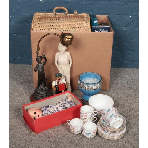 270 - Two boxes of assorted items. To include Fenton cup, saucer and side plate teaset, boxed doll, Arcadi... 