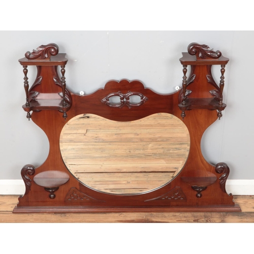 360 - An mahogany over mantle mirror, with kidney shaped mirror insert and turned supports. Height: 97cm, ... 