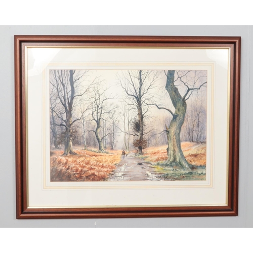 361 - Gordon Chell, a large framed watercolour, woodland scene with figures and a dog. 42cm x 59cm.