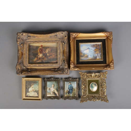 367 - A collection of framed miniature pictures, mainly prints. To include mountain scene, maidens and man... 