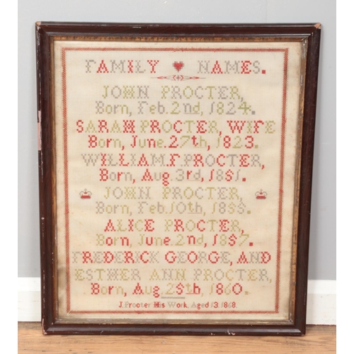 370 - A large Victorian framed sampler; The History of the Procter Family 'Family Names' by John Procter, ... 