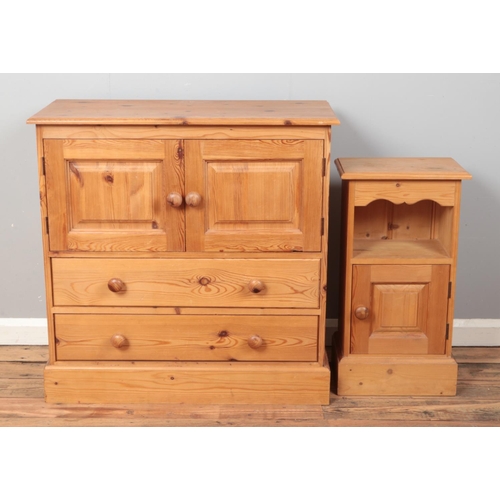 524 - A pine side cabinet and similar bedside cabinet. Dimensions of side cabinet - Height: 87cm, Width: 8... 