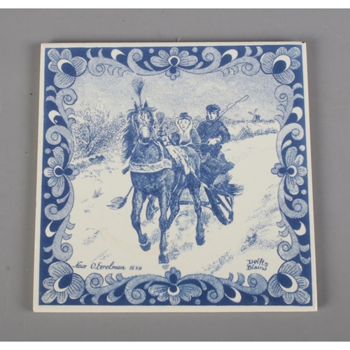 142 - A Delft blue tile depicting Otto Eerelman (1839-1926) horse and cart scene.