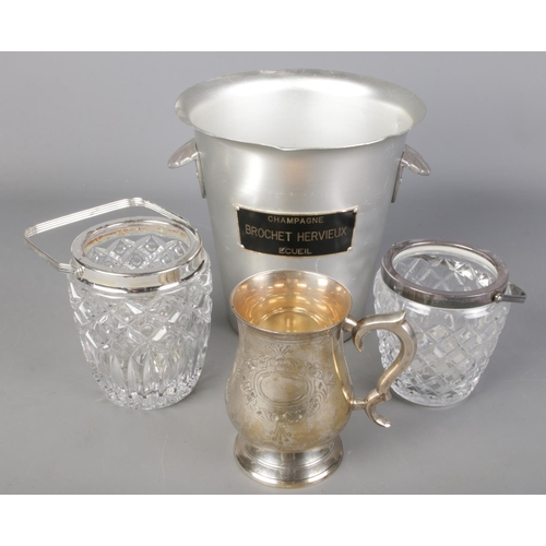 227 - Two cut glass ice buckets along with a Brochet Hervieux ice bucket and a white metal tankard.