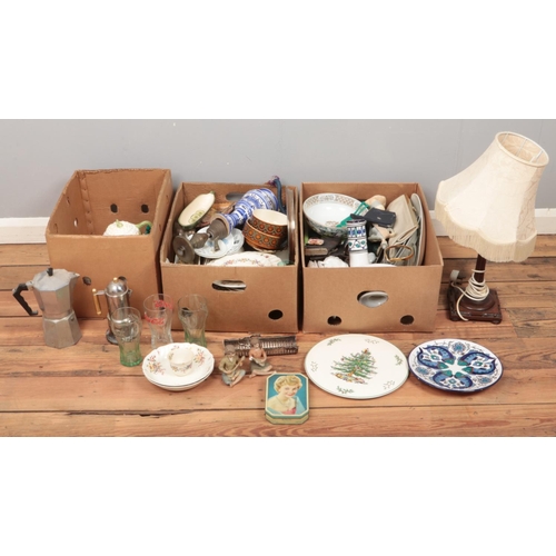 276 - Three boxes of miscellaneous. Including carved wooden table lamp, Royal Doulton dinnerware, ceramic ... 