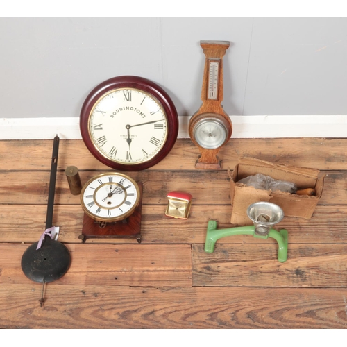 297 - A quantity of miscellaneous to include Grandfather clock movement, barometer, Boddingtons wall clock... 