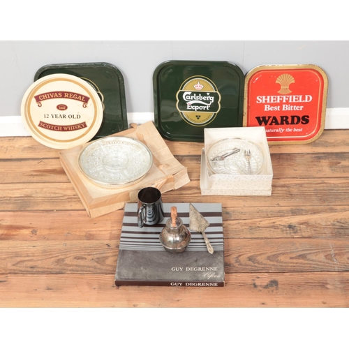 299 - A collection of metal ware trays including silver plated and beer examples. Also includes silver pla... 