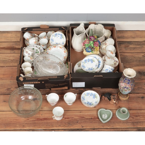 301 - Two boxes containing assorted ceramics and glass ware to include Colclough, Royal Adderley, cut glas... 