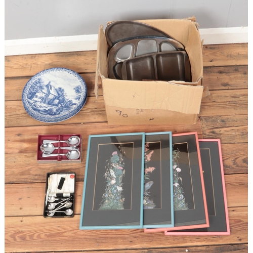 322 - A box of miscellaneous to include EPNS cutlery, four Mitchell bird prints, Delfts blue plates, etc.