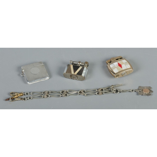 471 - A silver bodied cigarette lighter and match strike, together with a silver plated albert chain and s... 