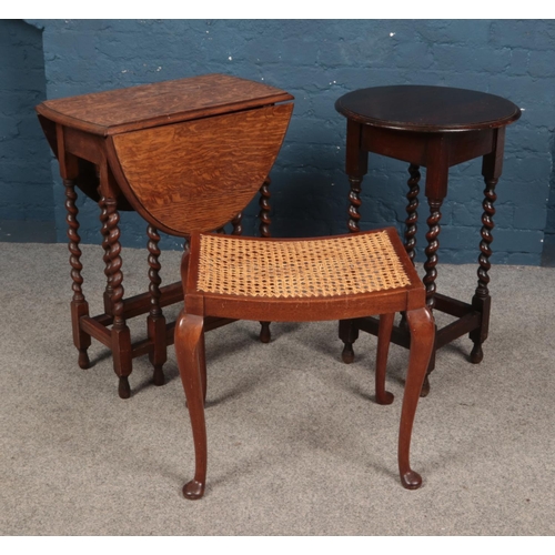 608 - Two barley twist tables along with a bergere seat stool.