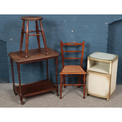 615 - Four pieces of furniture. Includes stool, Lloyd loom bedside cabinet, etc.