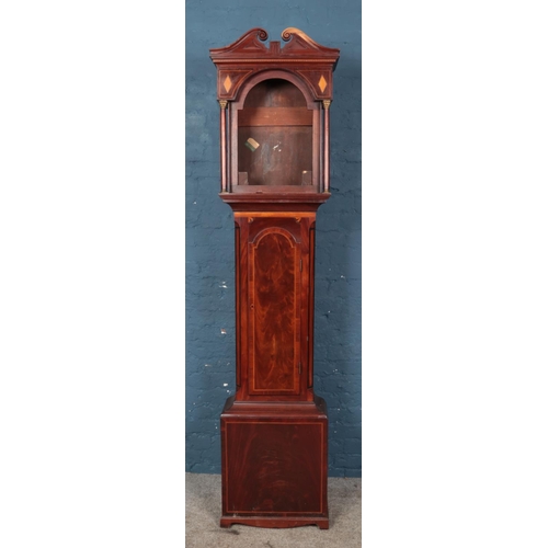 626 - A Georgian mahogany longcase clock case, featuring double swan neck pediment and diamond marquetry b... 