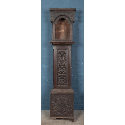 627 - A Nineteenth Century carved oak gothic longcase clock case, for restoration. 209cm tall.