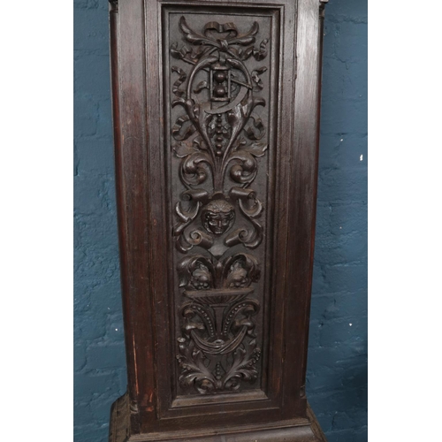 627 - A Nineteenth Century carved oak gothic longcase clock case, for restoration. 209cm tall.