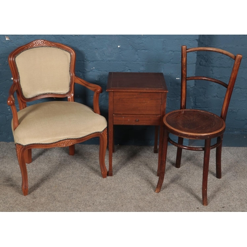 632 - A oak sewing box along with two chairs. Includes bentwood example, etc.