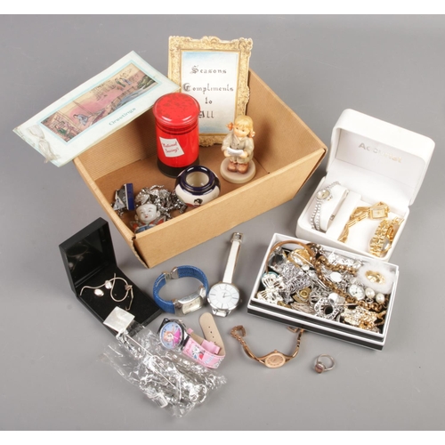 121 - A box of collectables, watches and jewellery. Includes silver and Blue John ring, Accurist, oriental... 