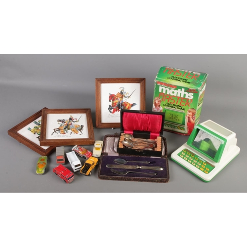 155 - A quantity of collectables. Includes silver and enamel spoon, H&R Johnson tiles, Grandstand Maths Ma... 