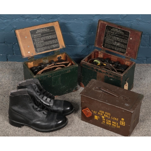 280 - Two WWII field telephones Set 'F' along with a metal ammo crate and pair of boots.