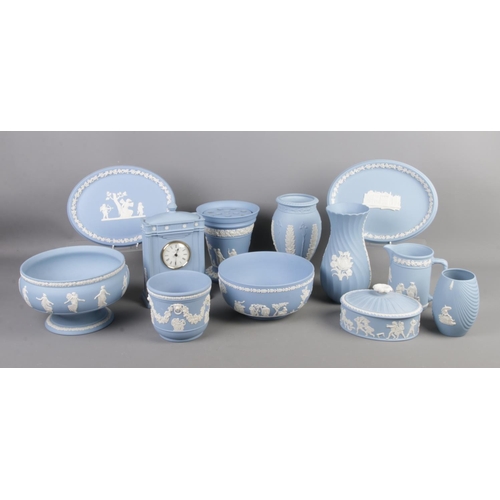 4 - A good collection of Wedgwood jasperware in sky blue. To include large bowl, St Andrews plaque, vari... 