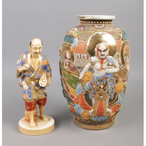 51 - A Japanese satsuma vase, together with a ceramic figure based on an Okimono. Marks to the base of th... 
