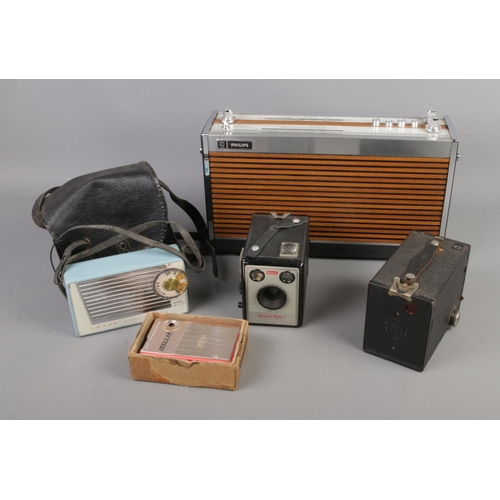 80 - A Philips portable radio along with Stellar and Sharp Transistors and two Kodak Brownie's.