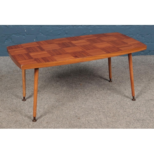 584 - A retro coffee table with parquet top. Height: 41cm, Width: 90cm, Depth: 45cm.