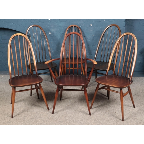 605 - A harlequin set of Ercol quaker back chairs, including one carver example.