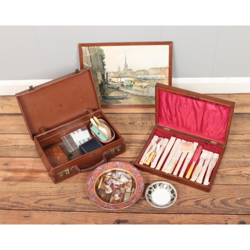 150 - A box of miscellaneous to include silver plated cutlery set, Everett syringes, ceramics, etc.