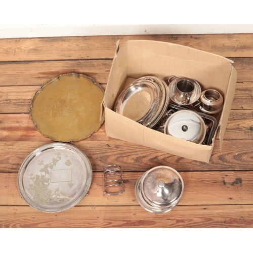 153 - A box of metalwares including brass tray and several pieces of silver plate.