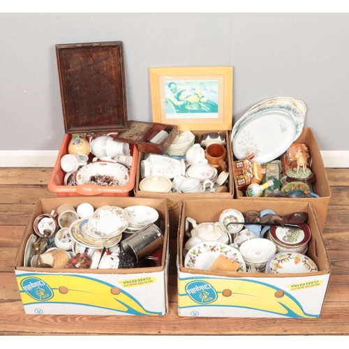 183 - Five boxes of miscellaneous. Includes Shelley, Aynsley, hand painted porcelain tea bowl, oak tray et... 