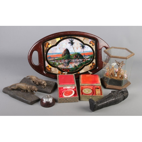 63 - A quantity of collectables. Includes butterfly tray, pair of carved tigers, cased Chinese seal etc.