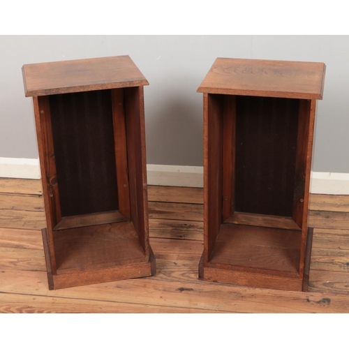 428 - A pair of oak speaker covers. Approx. external dimensions 37cm x 33cm x 70cm.