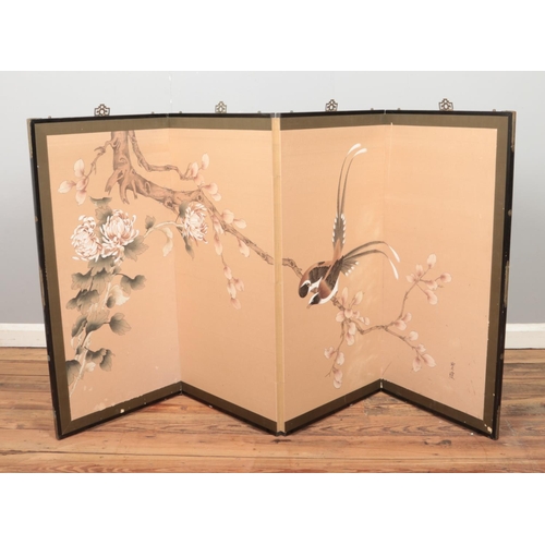 431 - A four fold screen with painted interior panels depicting two birds mounted on prunus blossom branch... 