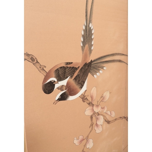 431 - A four fold screen with painted interior panels depicting two birds mounted on prunus blossom branch... 