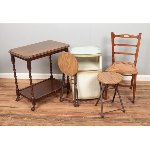 432 - Five pieces of furniture. Includes folding stools, Lloyd loom bedside cabinet, etc.