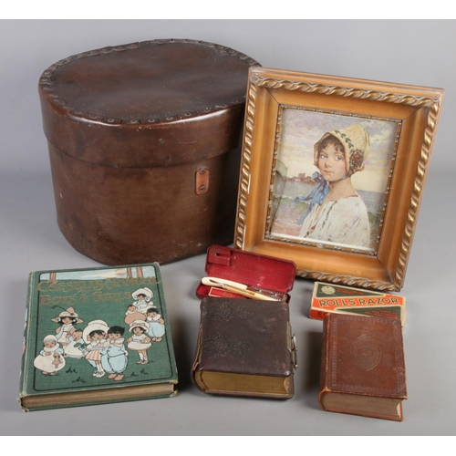 164 - A small quantity of miscellaneous. Includes hat box, razor sets, gilt framed print of a young girl, ... 