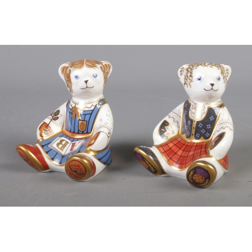 389 - Two Royal Crown Derby ceramic paperweights; Schoolgirl Teddy and Shona Bear, both with gold stoppers... 