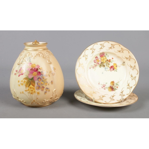 397 - Three pieces of Royal Worcester ceramics in the blushware pattern. Includes lidded jar, dated 1908 a... 