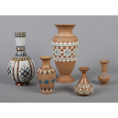 399 - A collection of stoneware vases, mainly comprising of Doulton Lambeth and Royal Doulton silicon exam... 