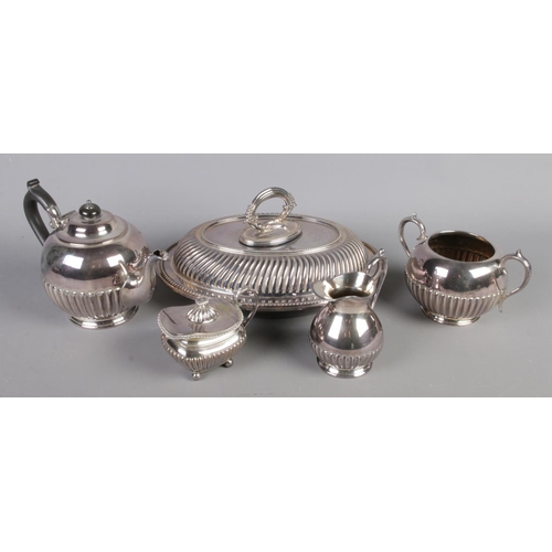 84 - A small collection of silver plate. Includes tureen, E.Leclere examples, etc.