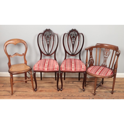 435 - Four chairs. Including balloon back with bergère seat example, etc.