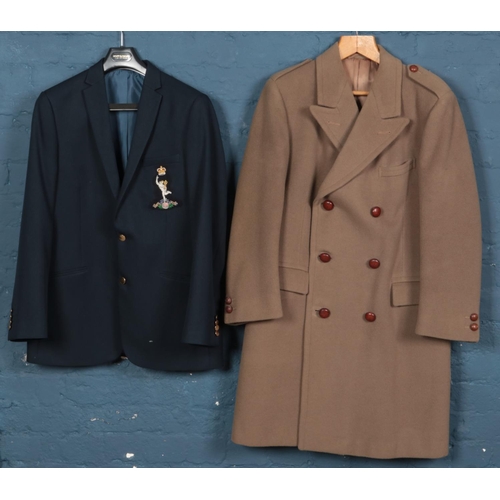 265 - A Moss Bro 3/4 coat along with a blazer with Signal Corps sew on badge and a Signal Corps dinner sui... 