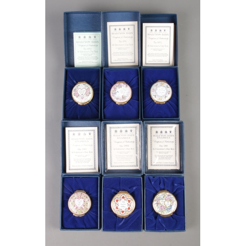 392 - Halcyon Days Enamels; Six St. Valentines Day Boxes, 1990-1994, all in boxes with certificate.