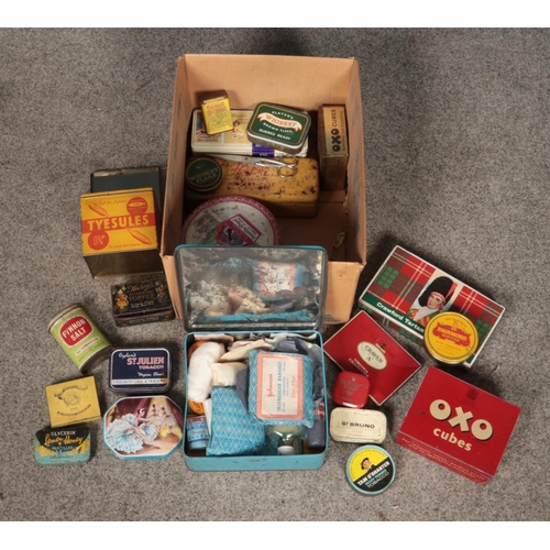 163 - A box of mainly vintage tins. Includes Johnsons first aid tin with contents, tobacco tins, OXO etc.
